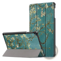 Teal samsung tablet leather flip case with tri-fold design featuring van Gogh almond blossom print on back side
