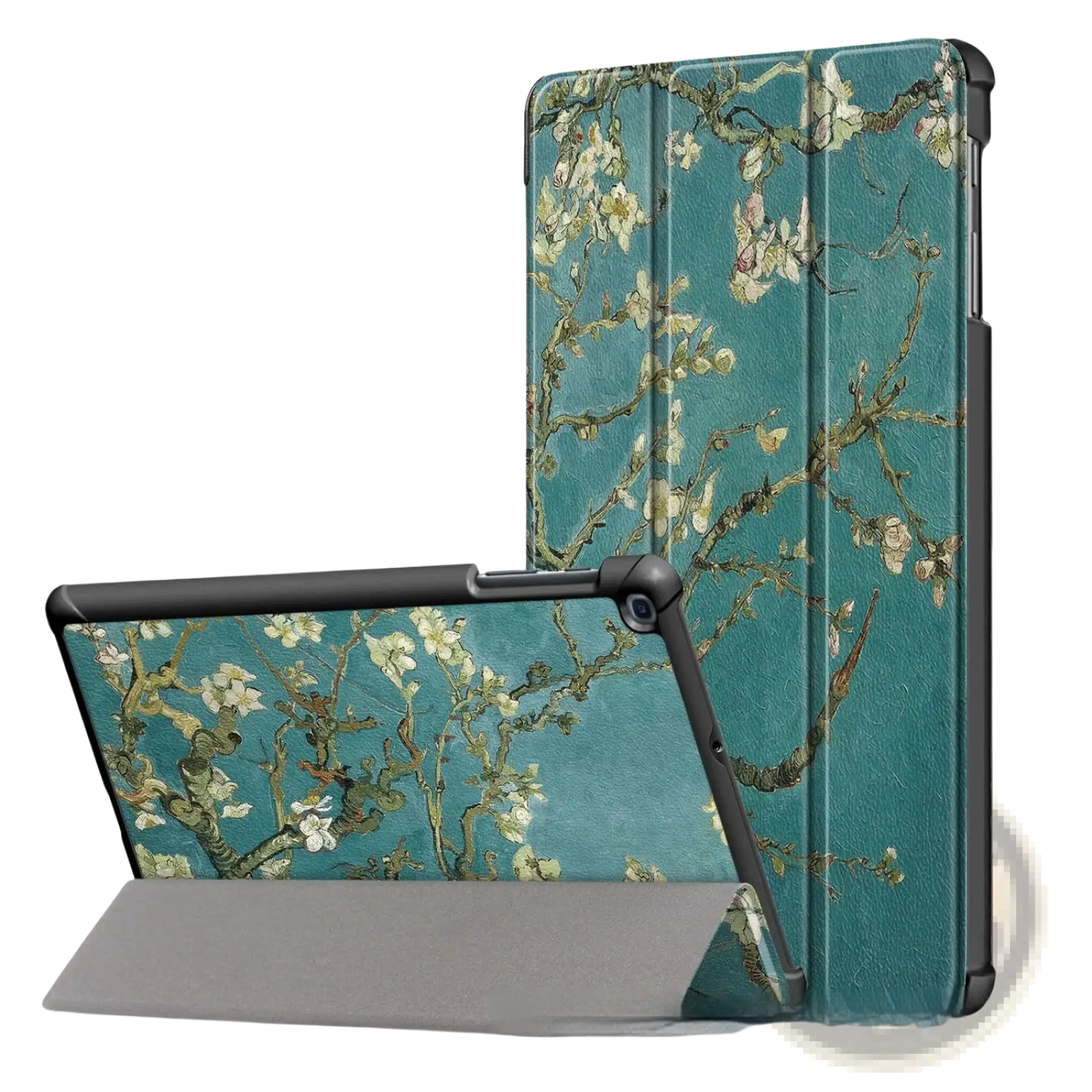 Teal samsung tablet leather flip case with tri-fold design featuring van Gogh almond blossom print on back side