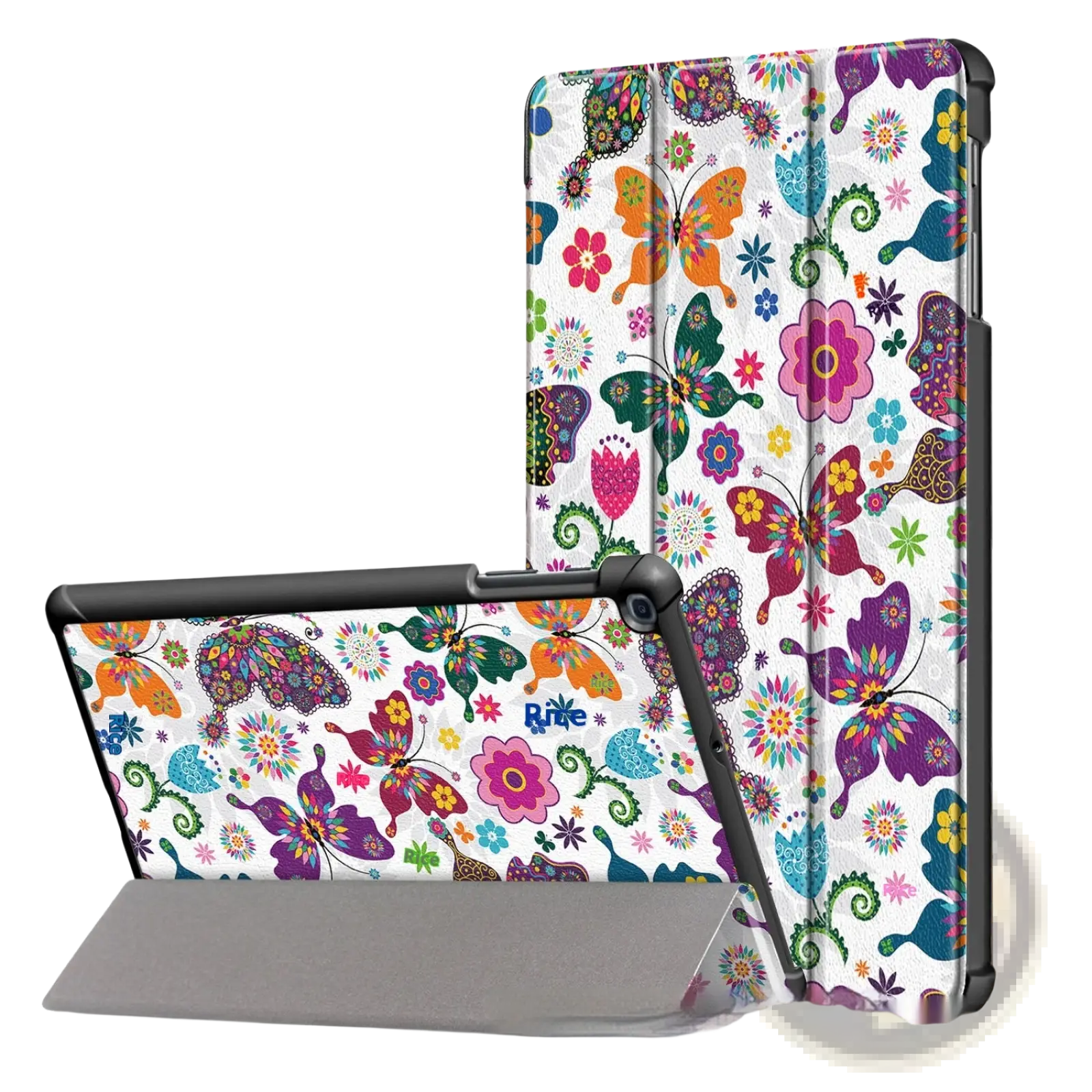 Samsung tablet leather flip case featuring a colorful butterfly and floral pattern with black edges on the back side