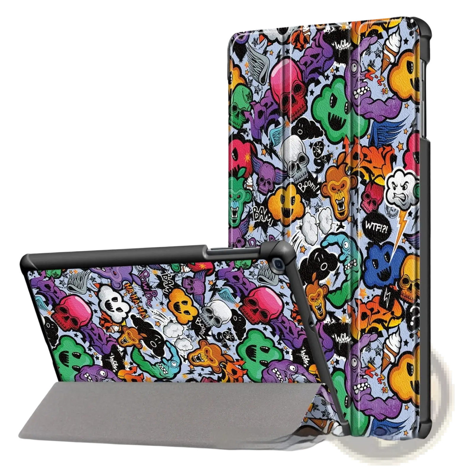 Samsung tablet leather flip case featuring vibrant comic-style graffiti patterns with skulls and monsters on light background