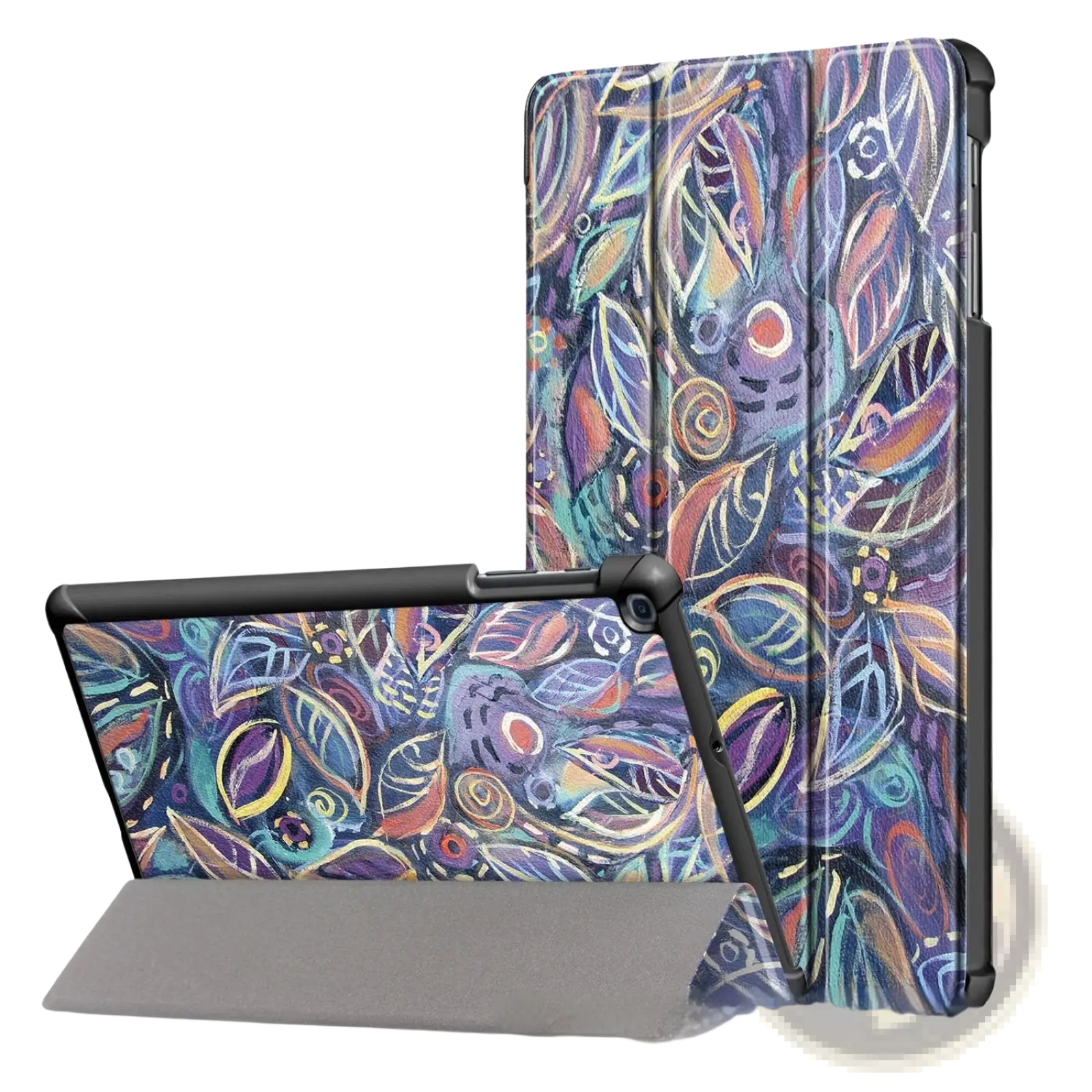 Samsung tablet leather flip case with vibrant abstract leaf pattern tri-fold design and black protective edges