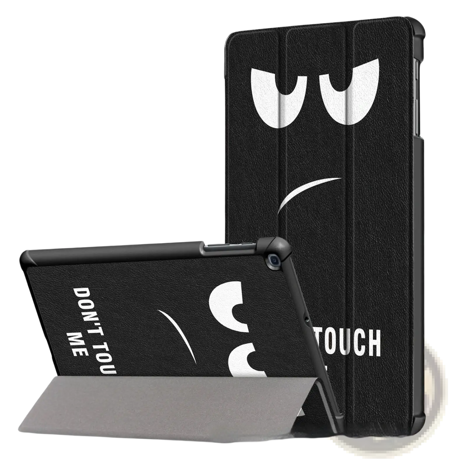 Black leather Samsung tablet tri-fold flip case with white cartoon face and dont touch me text on the back side