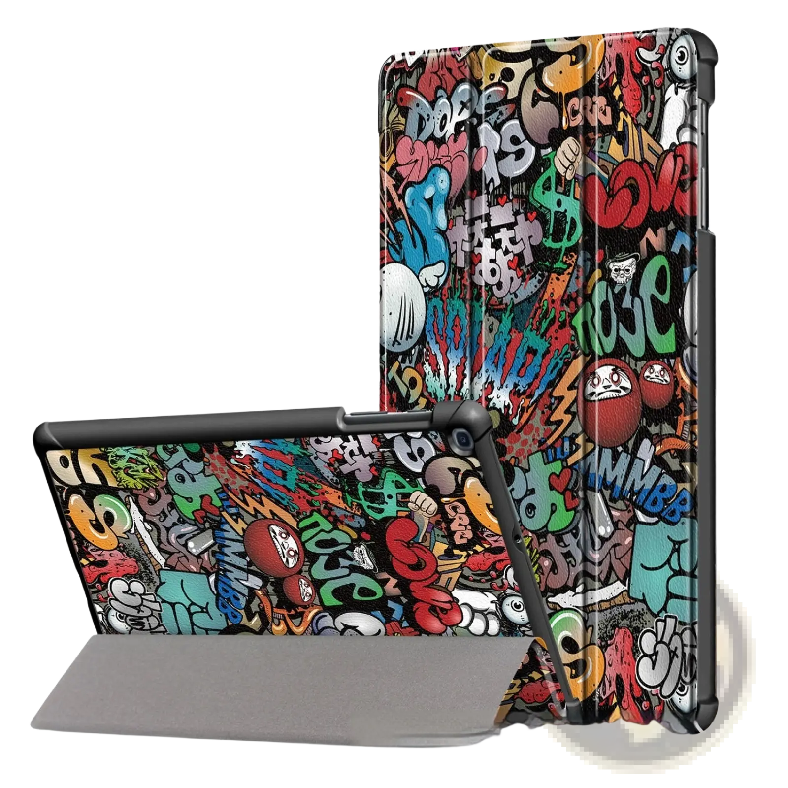 Samsung tablet leather flip case featuring vibrant graffiti-patterned colorful street art design on the back side