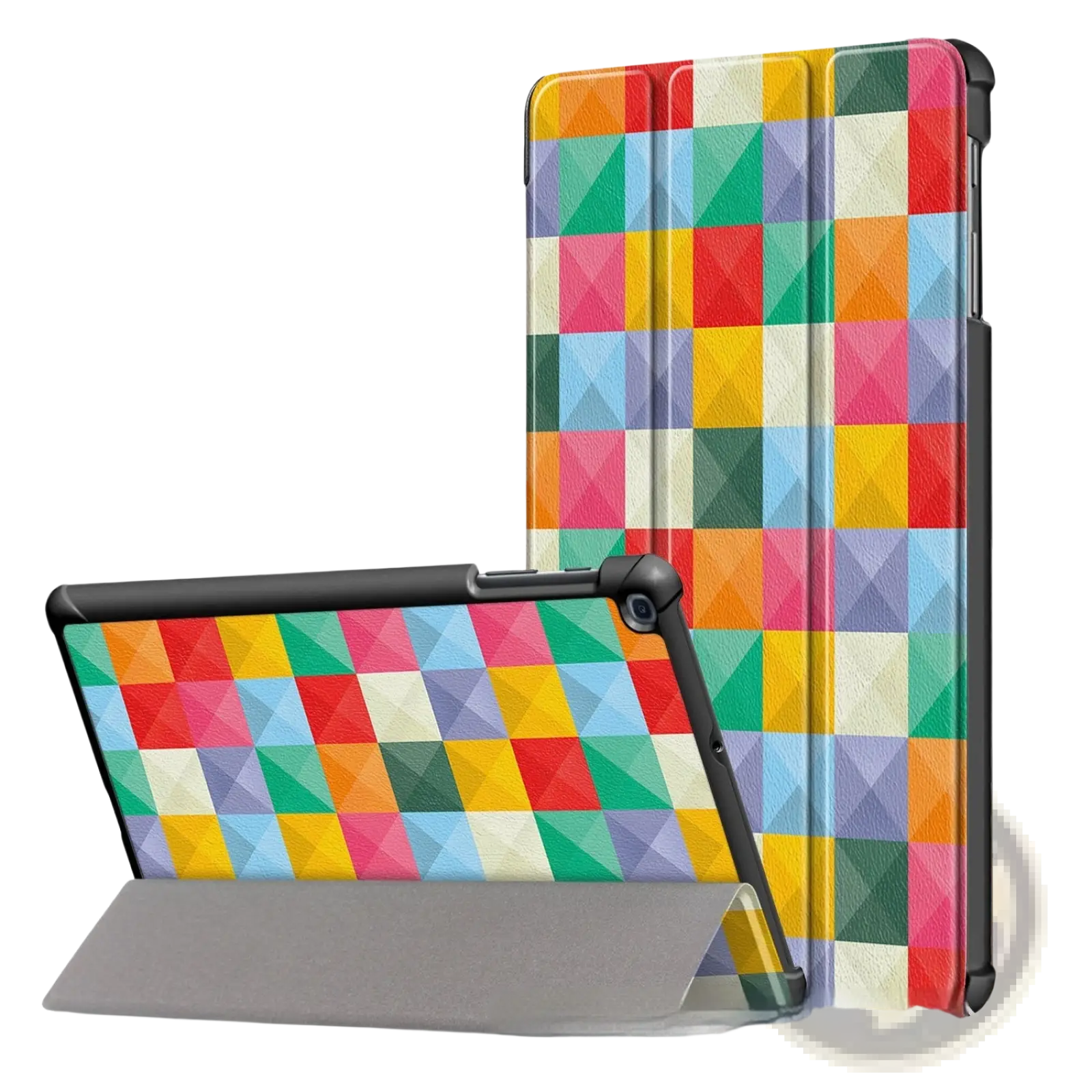 Colorful geometric-patterned Samsung tablet leather flip case with tri-fold design and black protective edges
