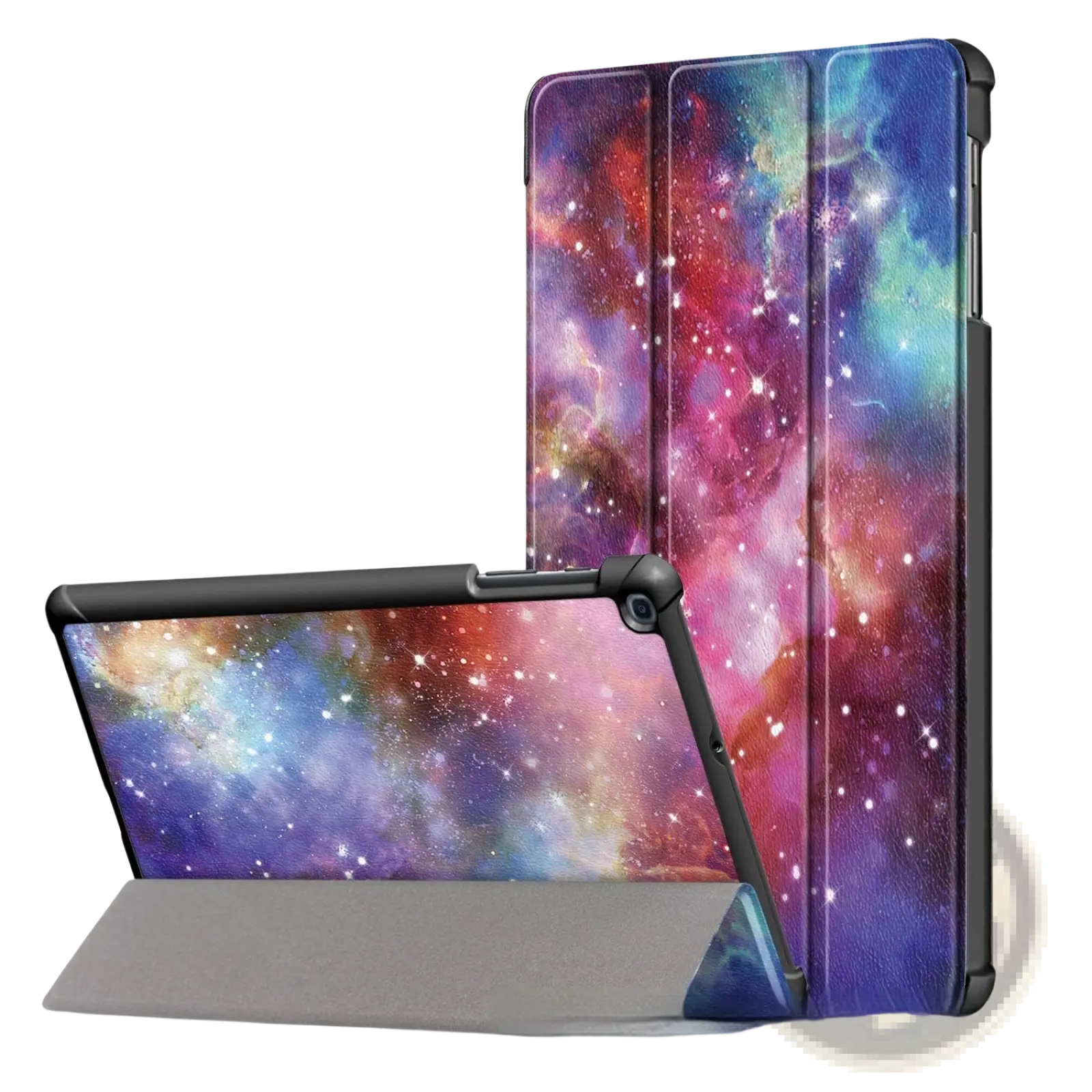 Samsung tablet leather flip case with galaxy-themed tri-fold design featuring a vibrant purple, pink, blue, and red nebula
