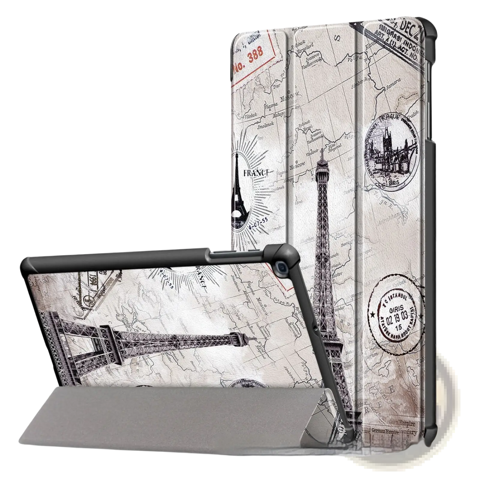 Samsung tablet leather flip case featuring vintage map design with black and white Eiffel Tower and travel stamps on off-white background
