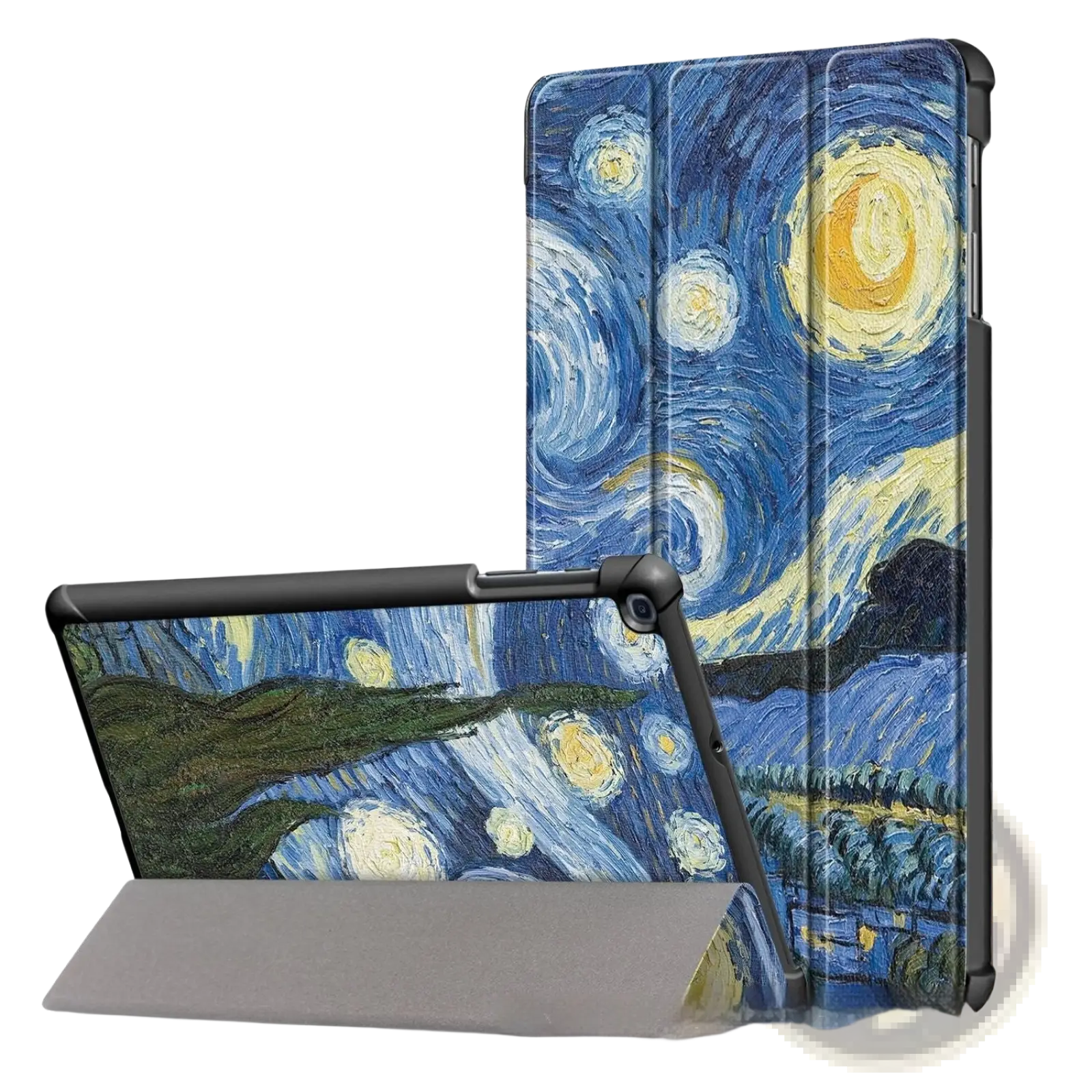 Stylized samsung tablet leather flip case with vincent van gogh the starry night design black edges gray interior