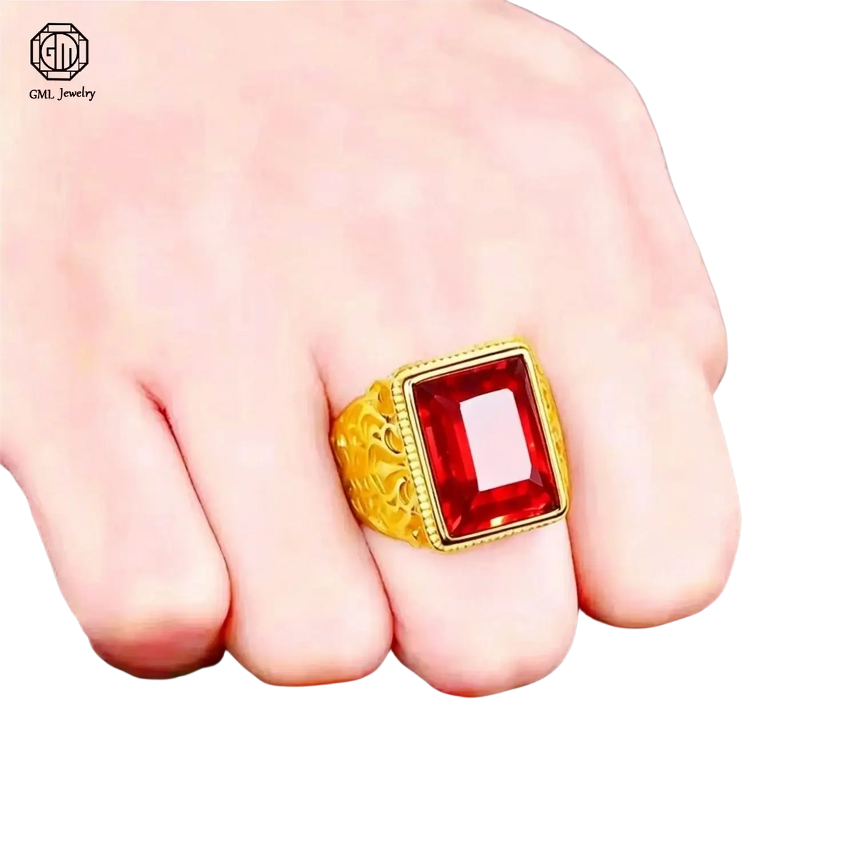 A bold fade resistant sand gold adjustable ring with an ornate rectangular red gemstone and detailed matte wide band unisex