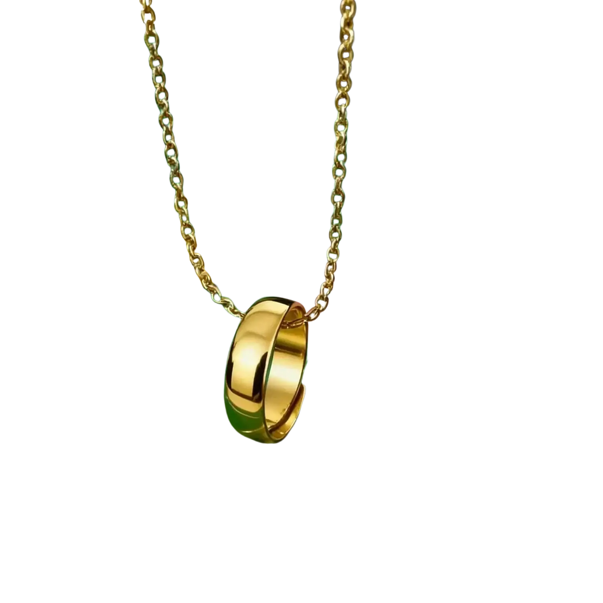 Gold adjustable ring pendant in sand gold with matte wide band finish on matching fade resistant chain
