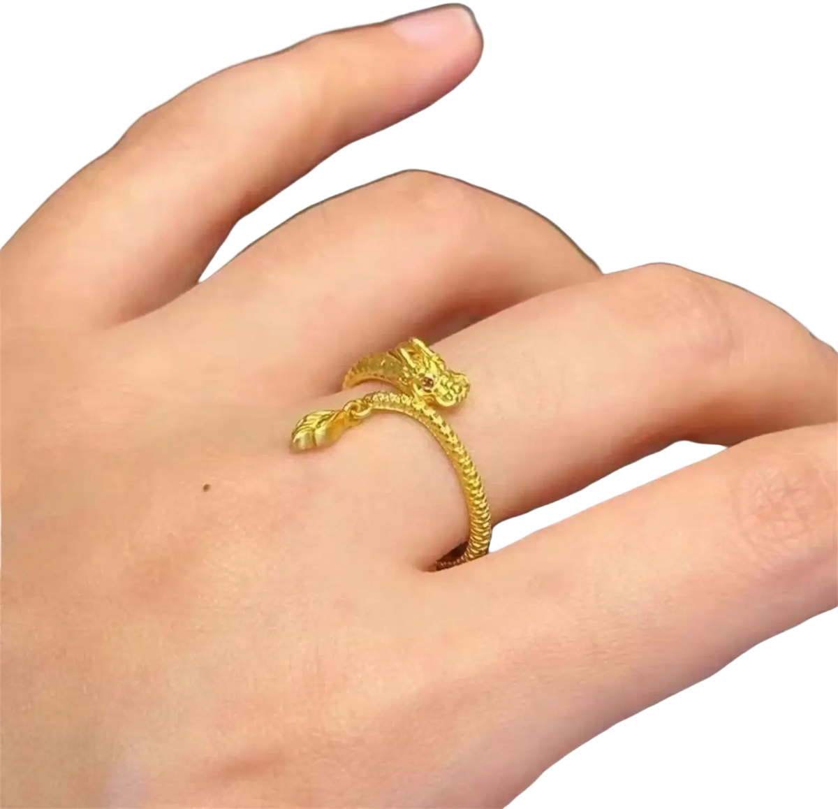 A sand gold adjustable wide band ring with fade resistant textured braided band and gold dragon head detailing