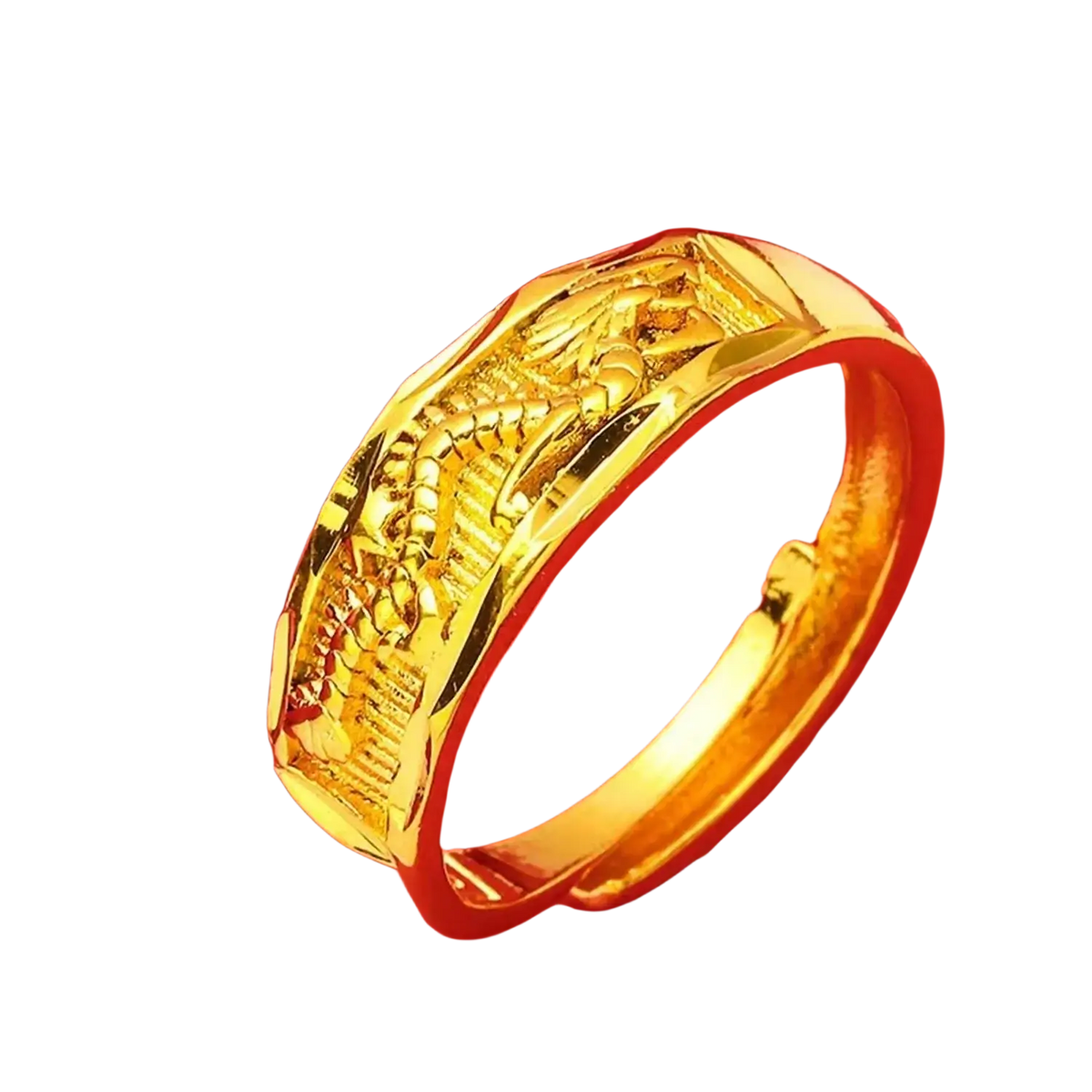 Sand gold adjustable gold ring with matte wide band featuring fade resistant golden dragon embossed detailing