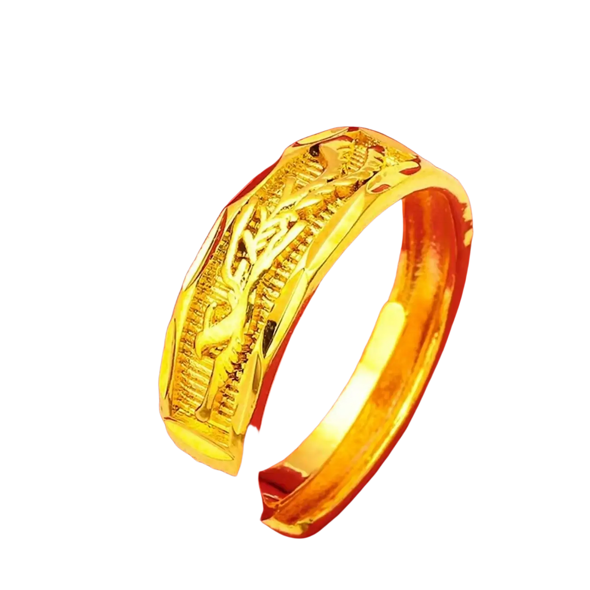 Gold adjustable ring with intricate bird and leaf engravings in polished sand gold matte fade resistant band design