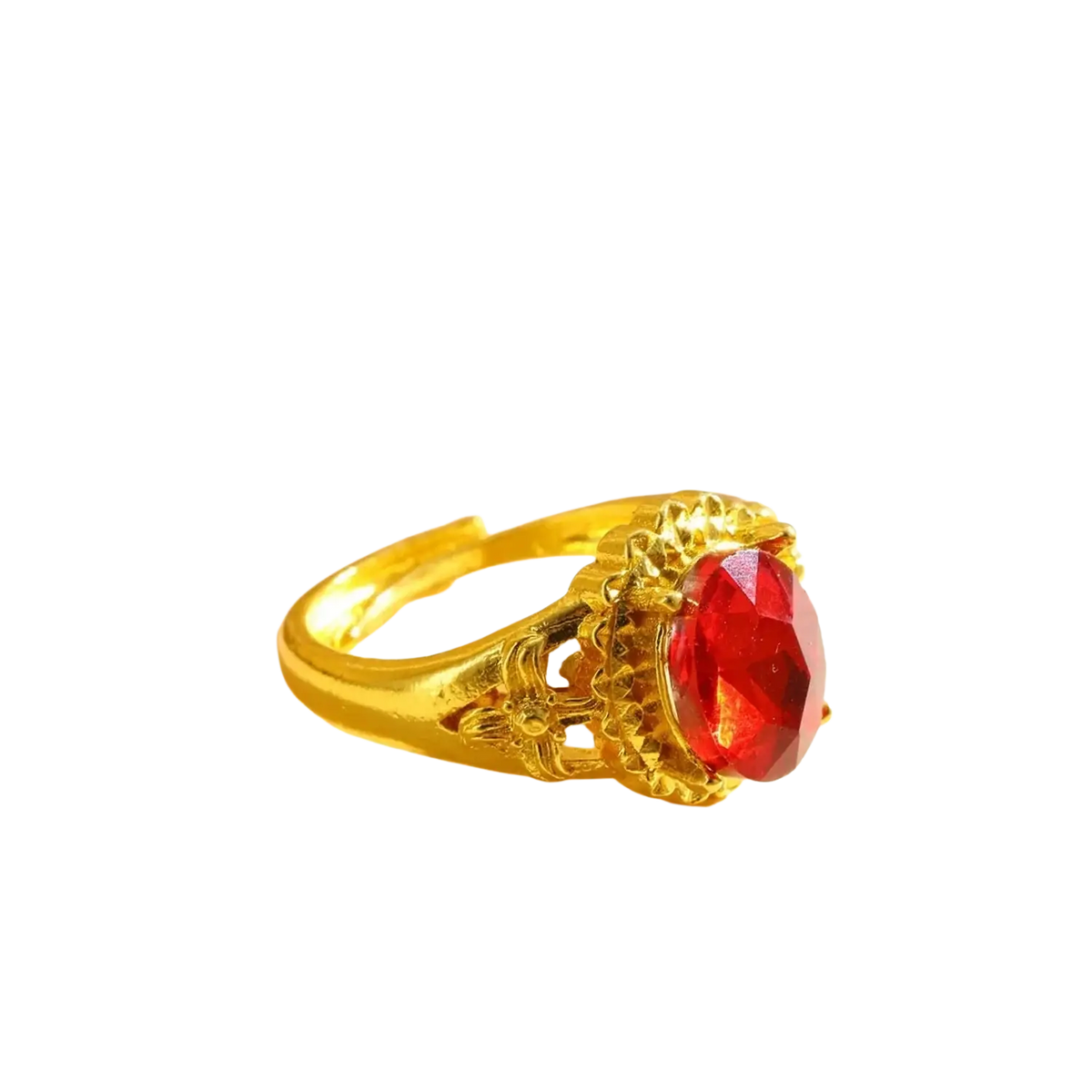 A sand gold adjustable gold ring with a fade resistant matte wide band and a red faceted floral gemstone centerpiece
