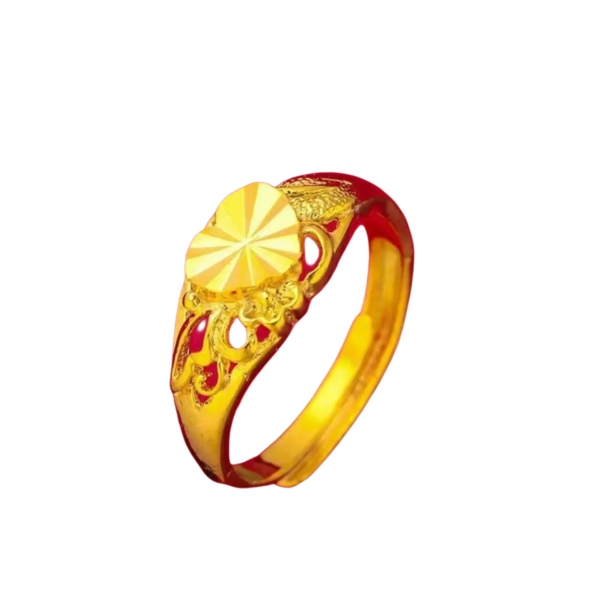 A sand gold adjustable gold ring with a fade resistant matte wide band featuring an ornate sunburst and dragon design
