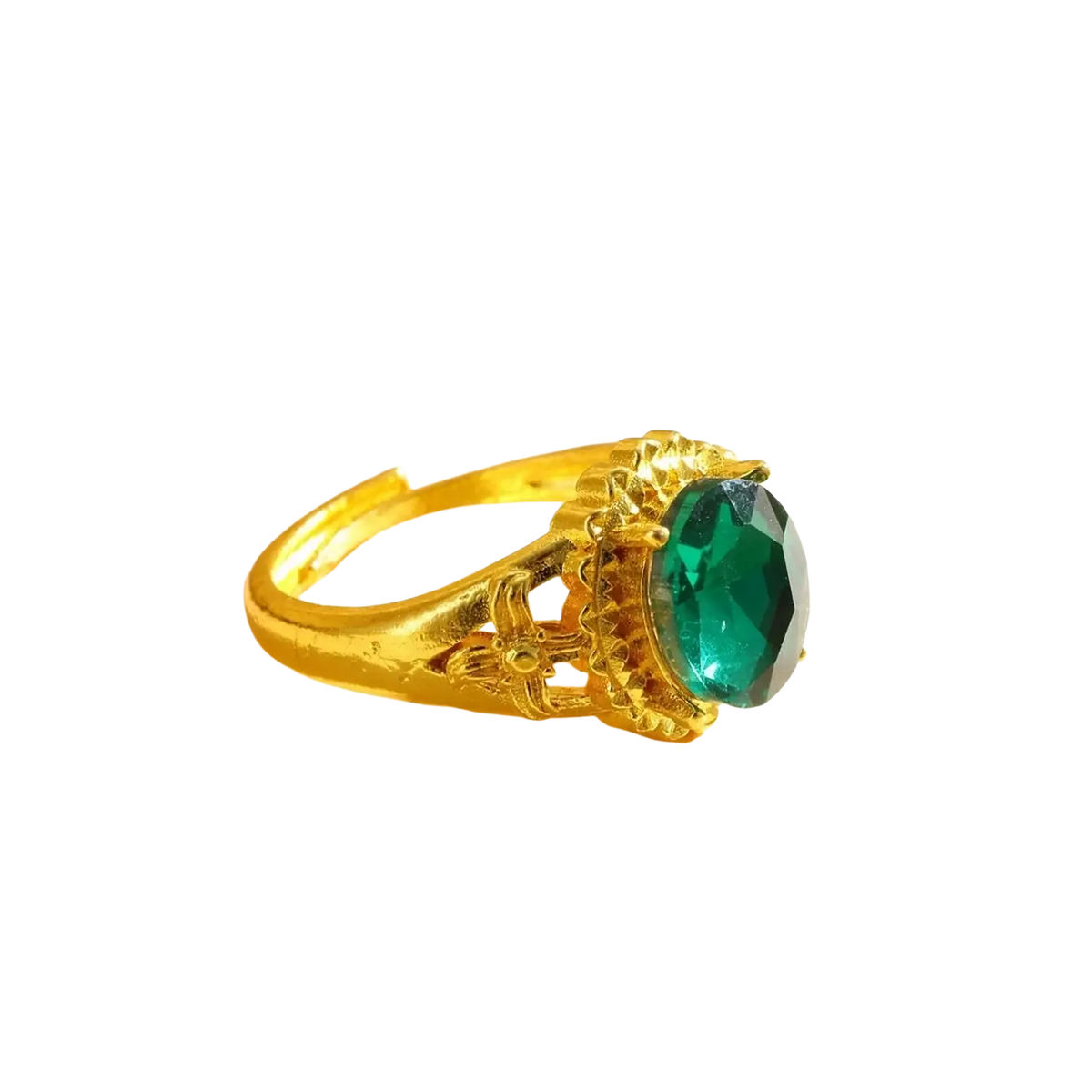A sand gold adjustable fade resistant gold ring with an ornate filigree design and vibrant emerald-cut green gemstone
