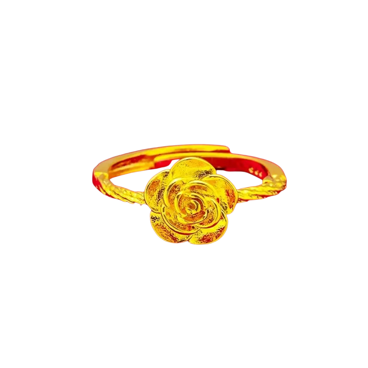 A fade resistant sand gold adjustable ring featuring a golden rose shape and a textured twisted band unisex design