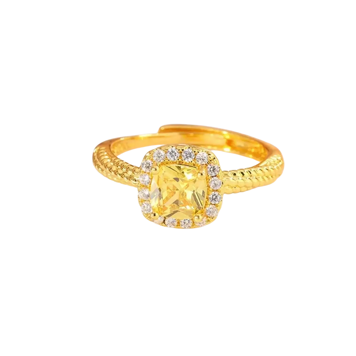 Sand gold adjustable ring with a gold band, square-cut yellow gemstone, clear diamonds, and fade resistant twisted rope texture