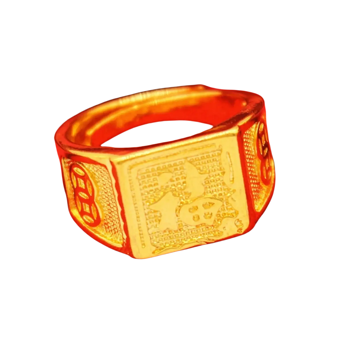 Golden sand gold adjustable ring with fade resistant matte wide band featuring intricate Chinese engravings and side embellishments