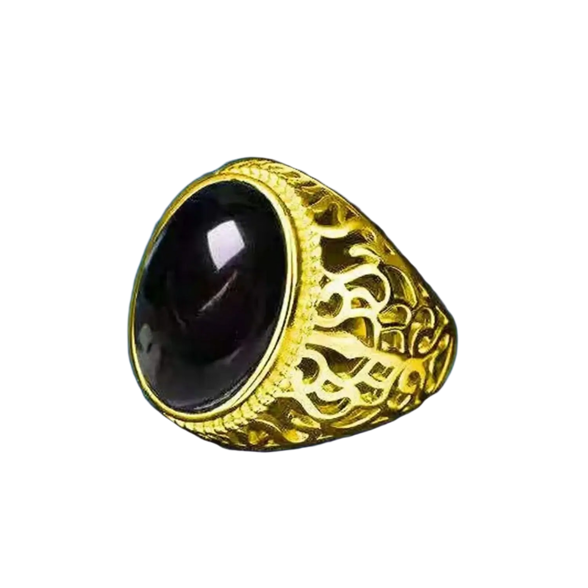 Gold adjustable ring featuring an oval black onyx stone with intricate filigree on a fade resistant sand gold band