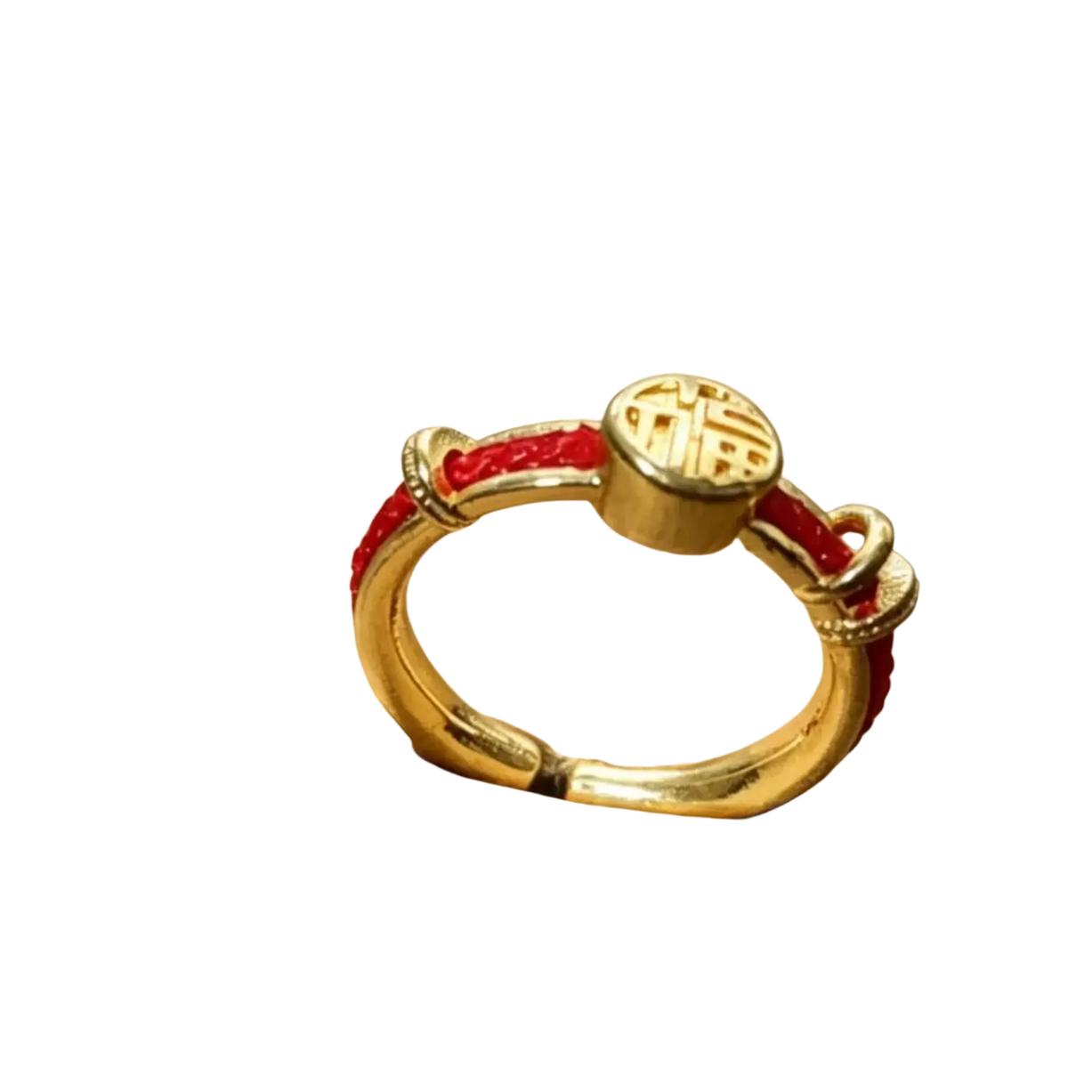 Sand gold adjustable gold ring with matte wide band, fade resistant red braided cord, and engraved chinese charm