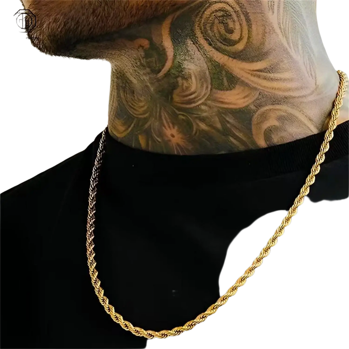 Gold rope chain necklace paired with a fade resistant sand gold adjustable ring matte wide band unisex accessory