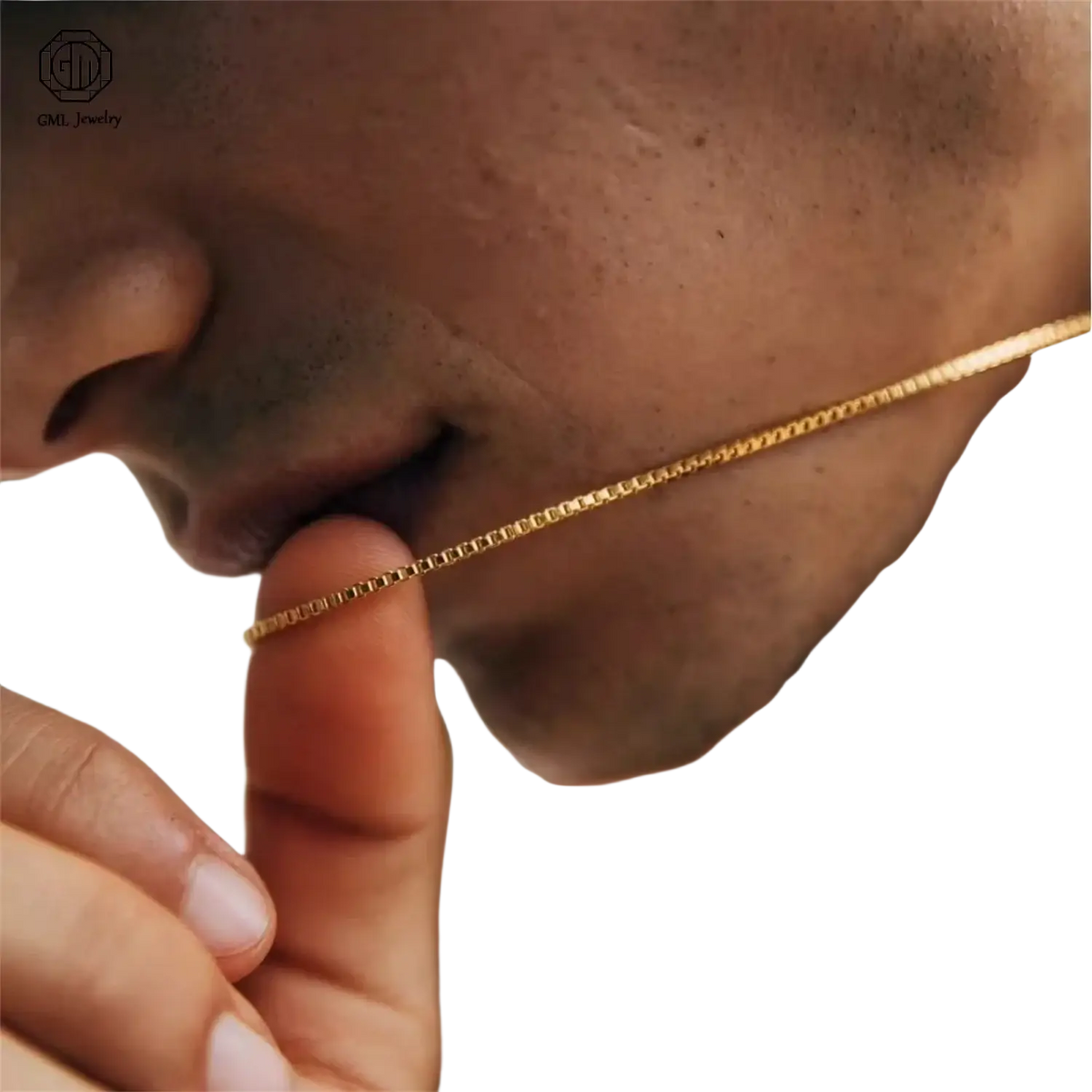 A sleek gold box chain necklace with polished metallic finish complementing sand gold adjustable ring matte wide band unisex