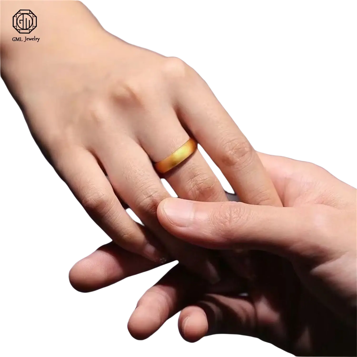 A sleek sand gold adjustable ring with a fade resistant matte wide band worn on a finger unisex design