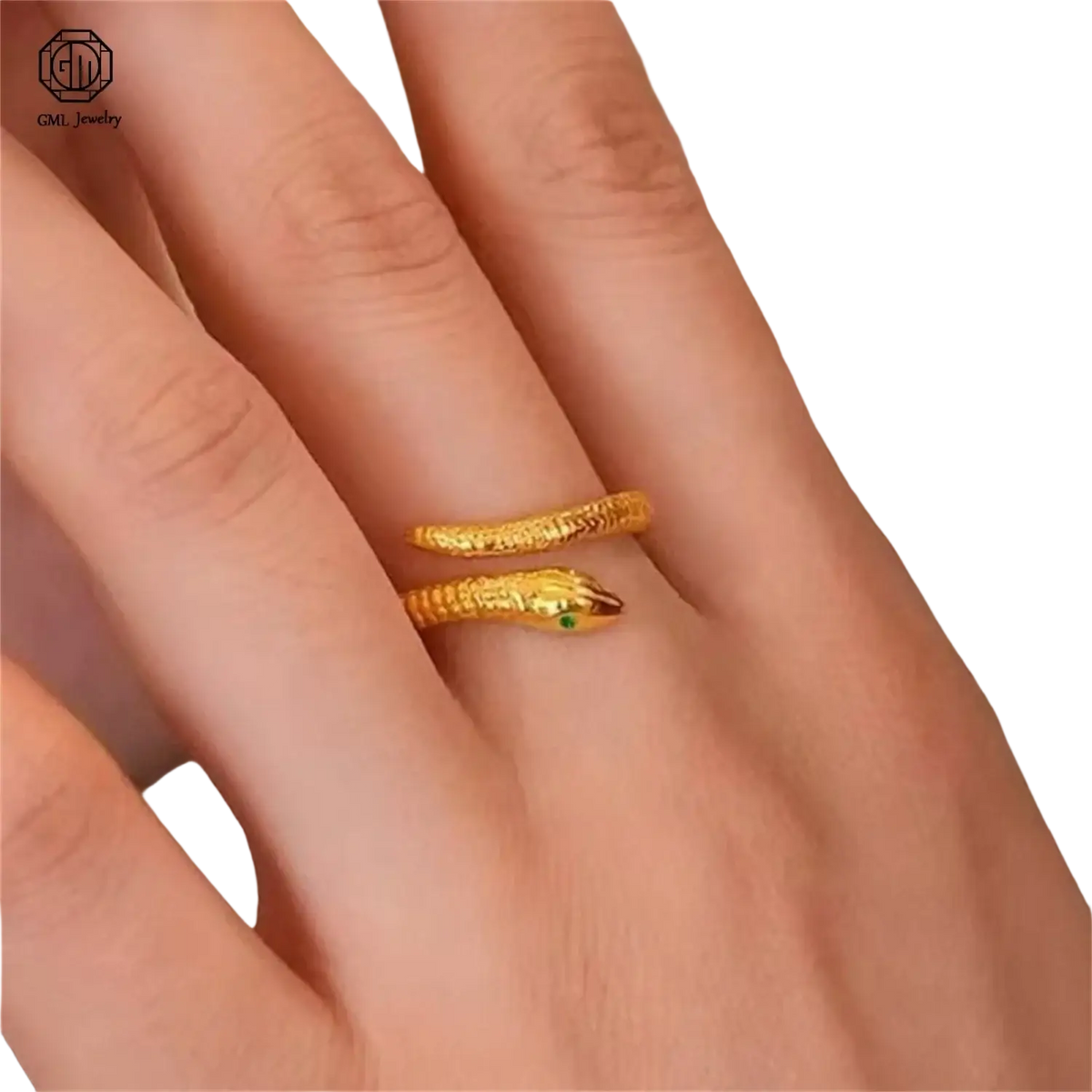 Sand gold adjustable gold snake ring with textured scales and green gemstone eye fade resistant matte wide band unisex