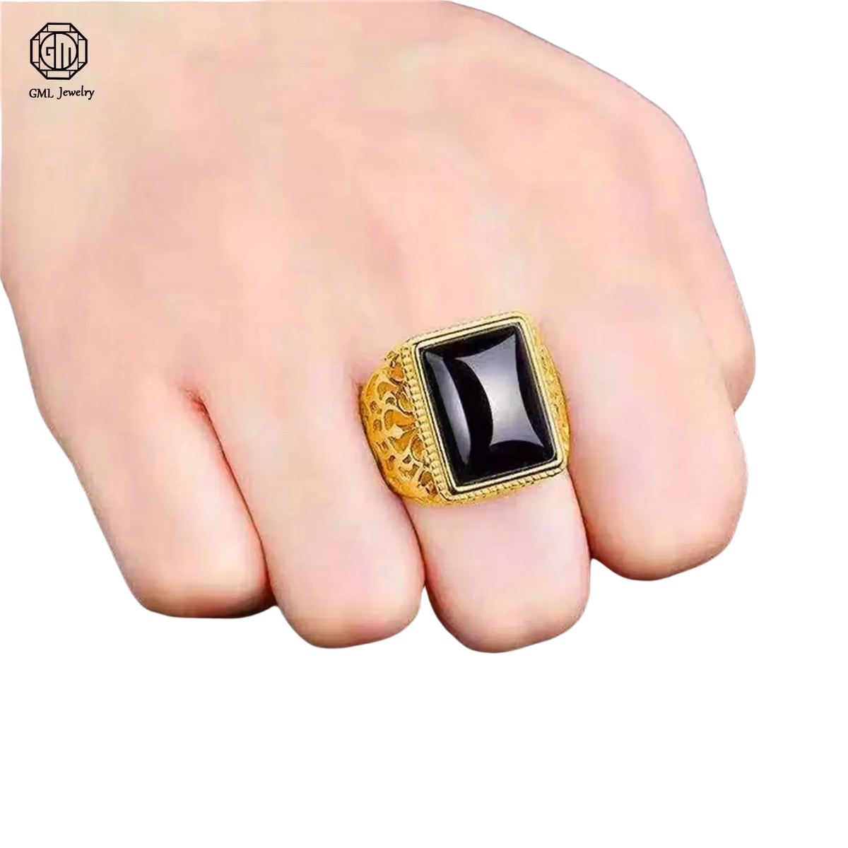 Sand gold adjustable gold ring with fade resistant matte wide band and rectangular black onyx bezel setting