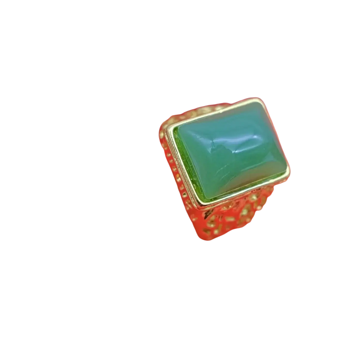 Sand gold adjustable gold ring with fade resistant matte wide band featuring a rectangular translucent green jade stone