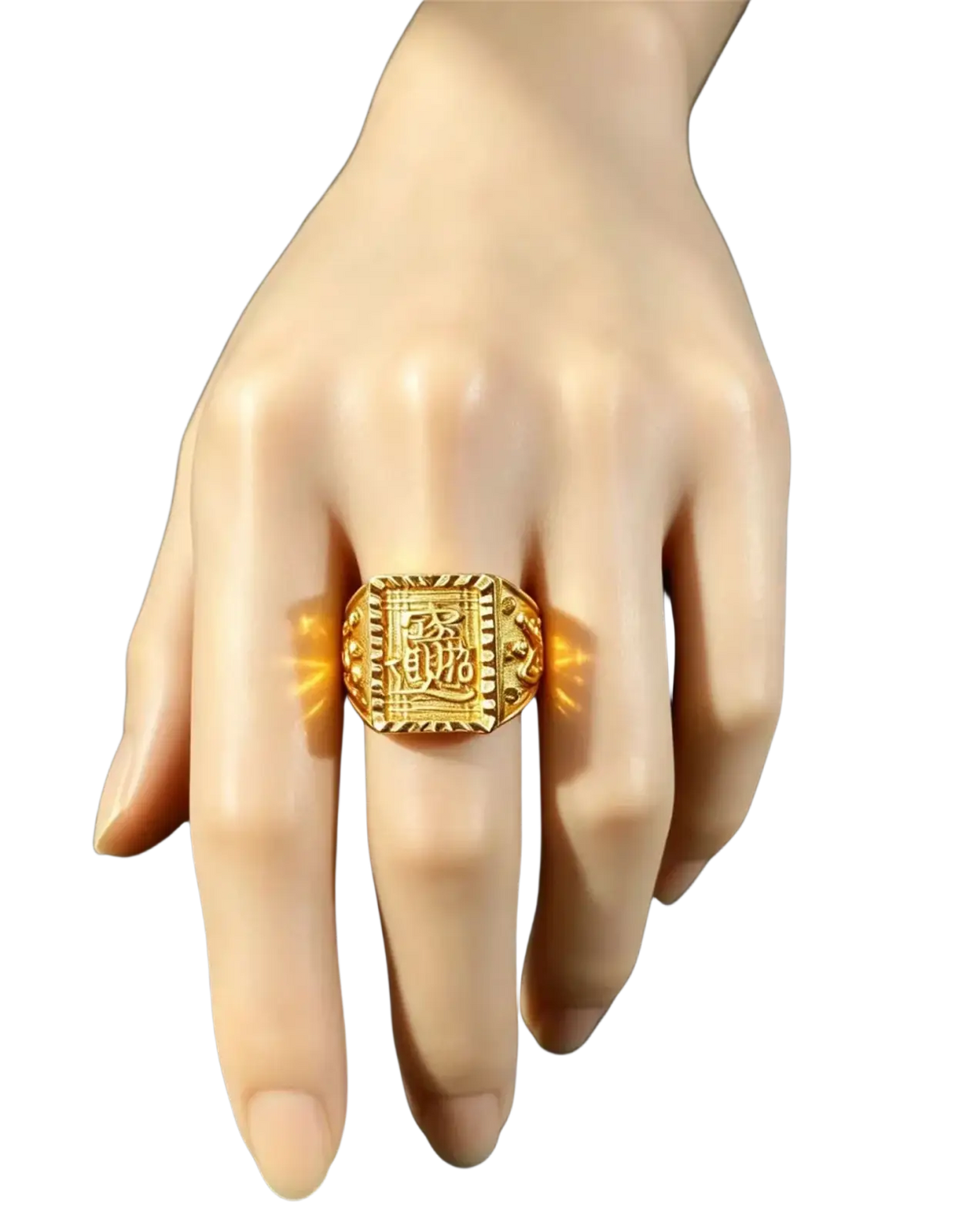 Sand gold adjustable gold ring featuring a fade resistant matte wide band with intricate Arabic calligraphy engraving