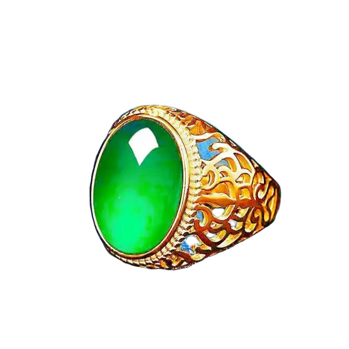 A vibrant green jade stone set in a fade resistant sand gold adjustable gold ring with intricate filigree detailing