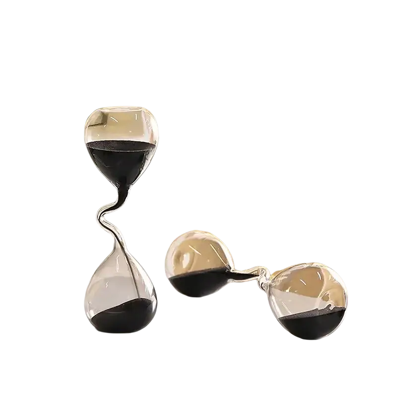 Clear glass sand timer hourglass with twisted s-shaped design and black sand, ideal for home decoration