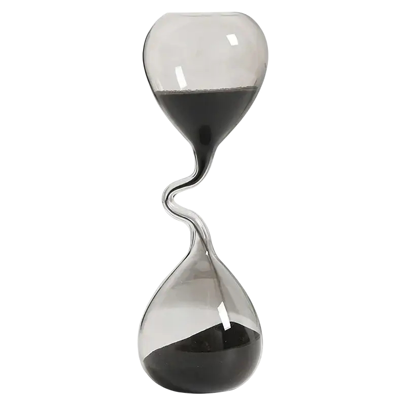 A sleek transparent glass hourglass timer with twisted neck and dark sand for elegant home decoration and sand timer use