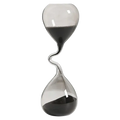 A sleek transparent glass hourglass timer with twisted neck and dark sand for elegant home decoration and sand timer use