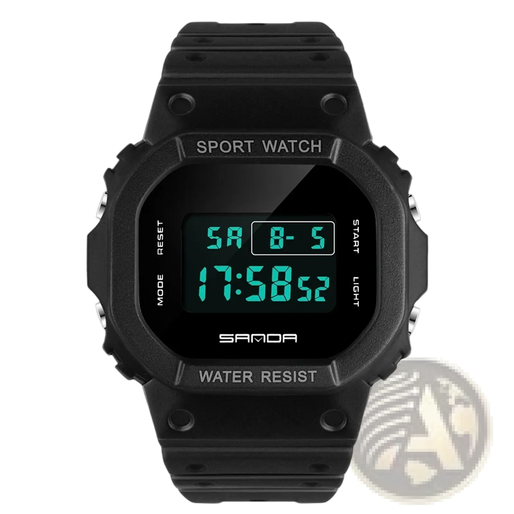 Black sanda digital sport watch with green led display and silicone strap waterproof for outdoor use