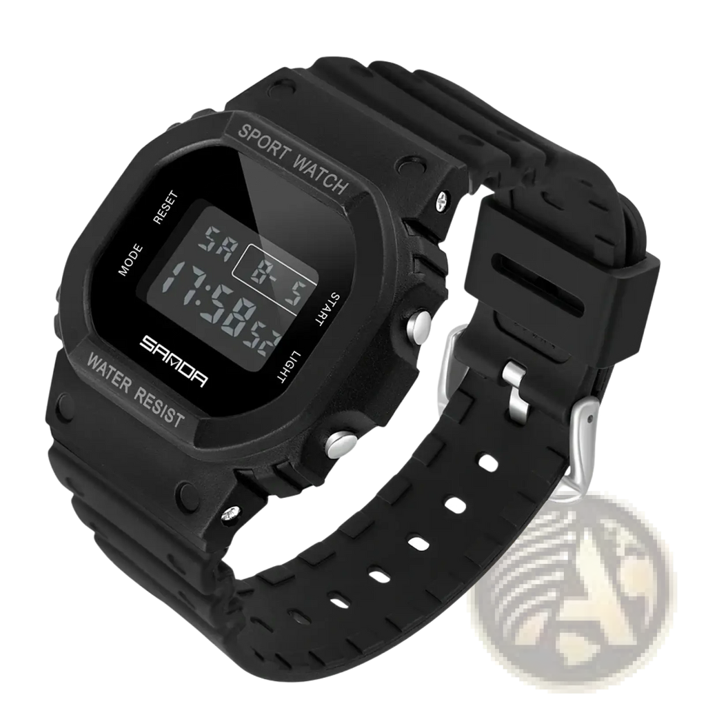 Black sanda digital sport watch with waterproof led display and black silicone rubber strap for active use