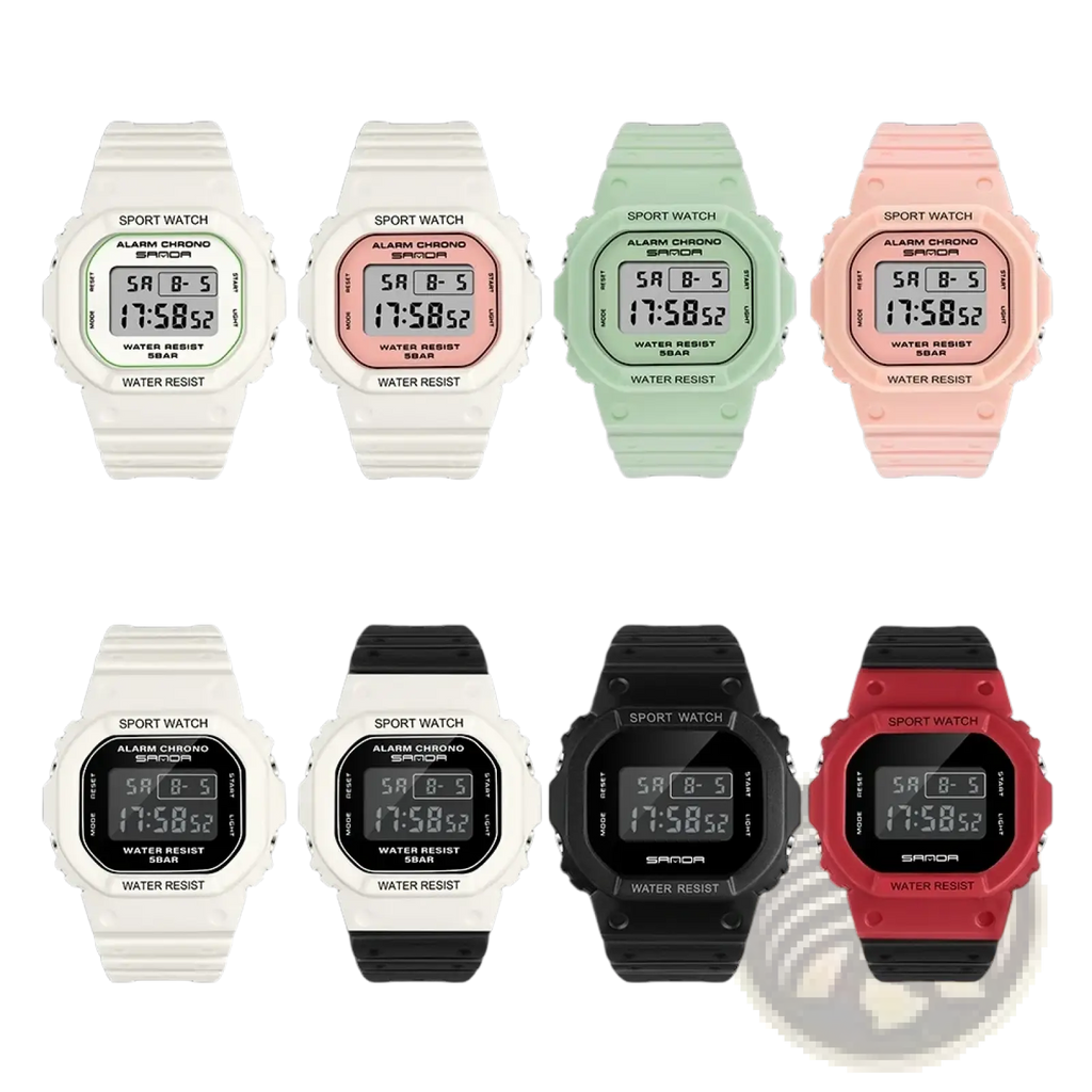 Sanda digital sport watches waterproof led silicone with square face and rubber straps in white-green pink green and red-black colors