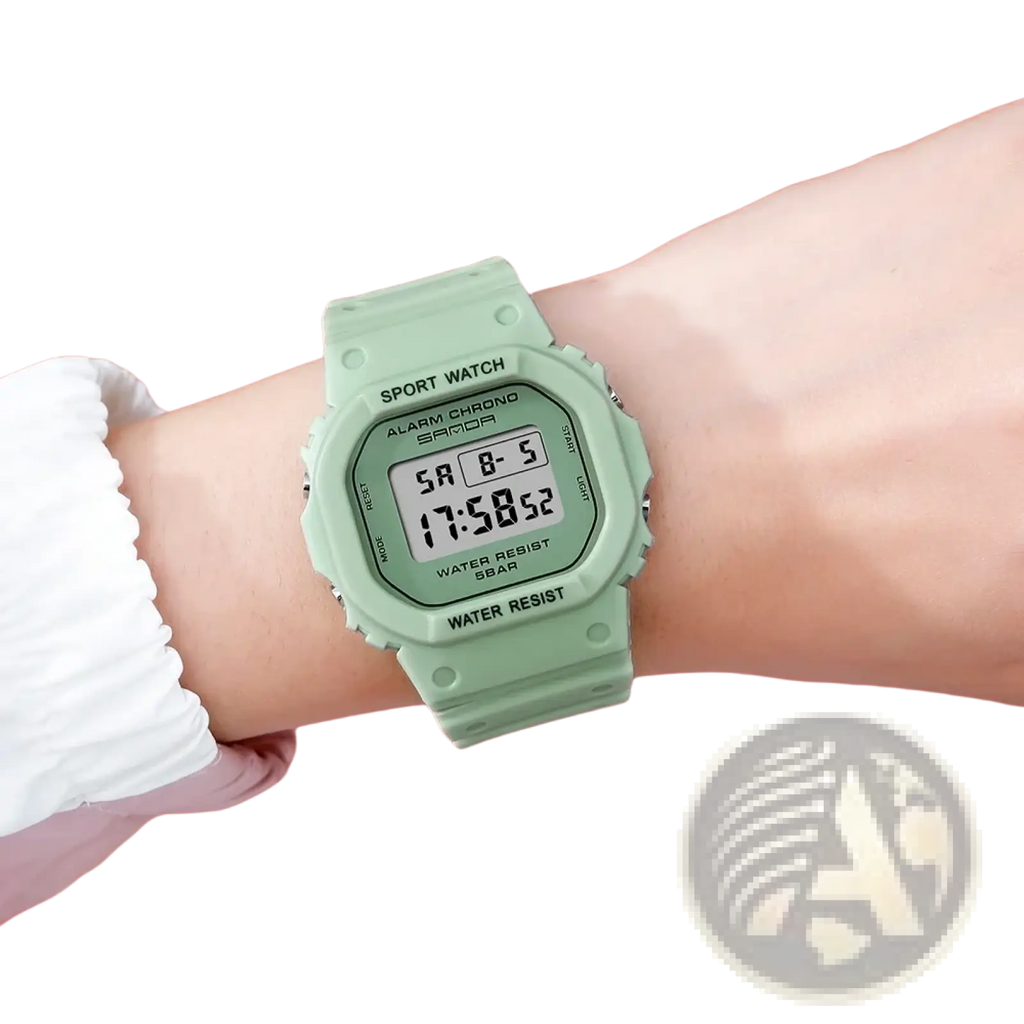Mint green sanda digital sport watch with square case waterproof led display and matching silicone resin strap