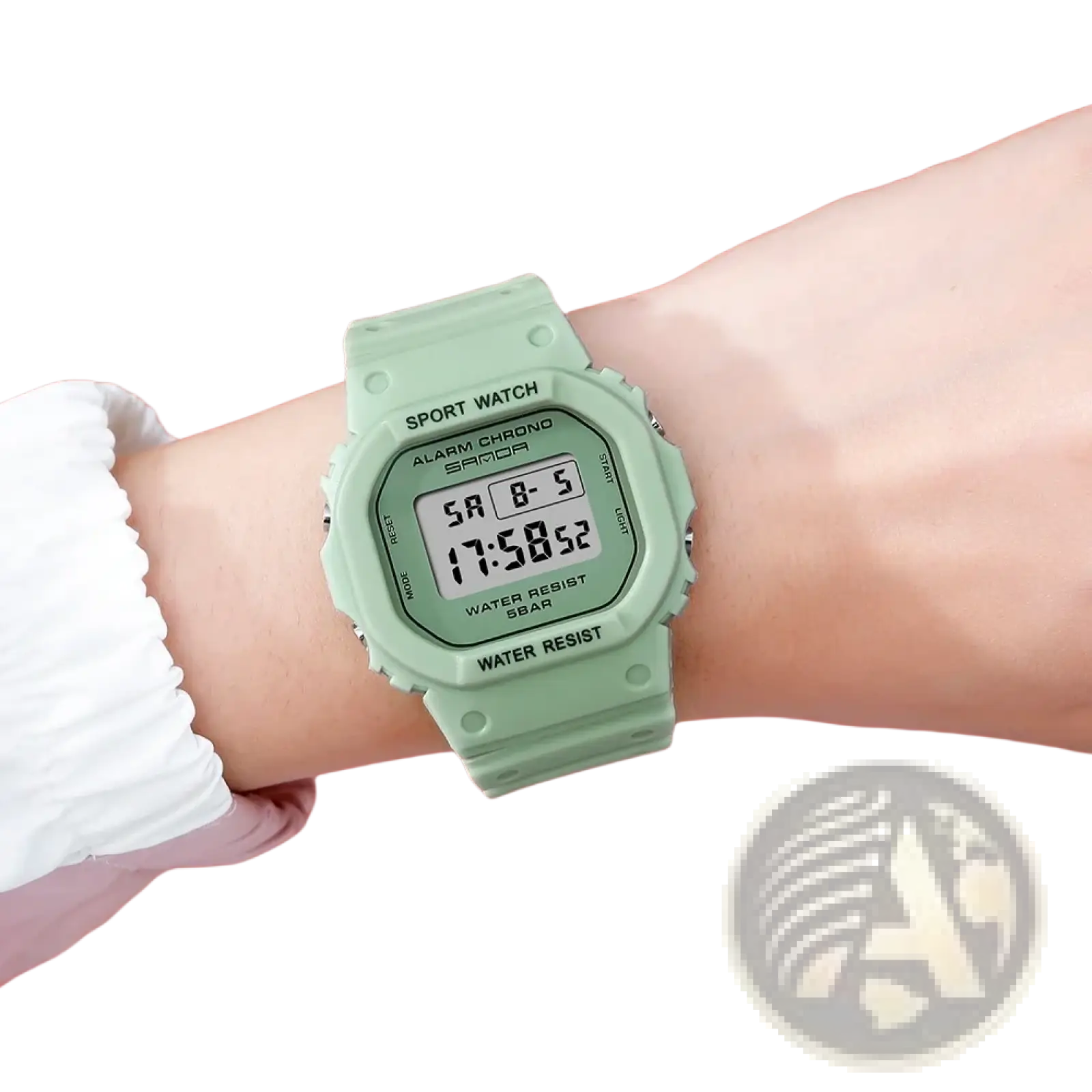 Mint green sanda digital sport watch with square case waterproof led display and matching silicone resin strap