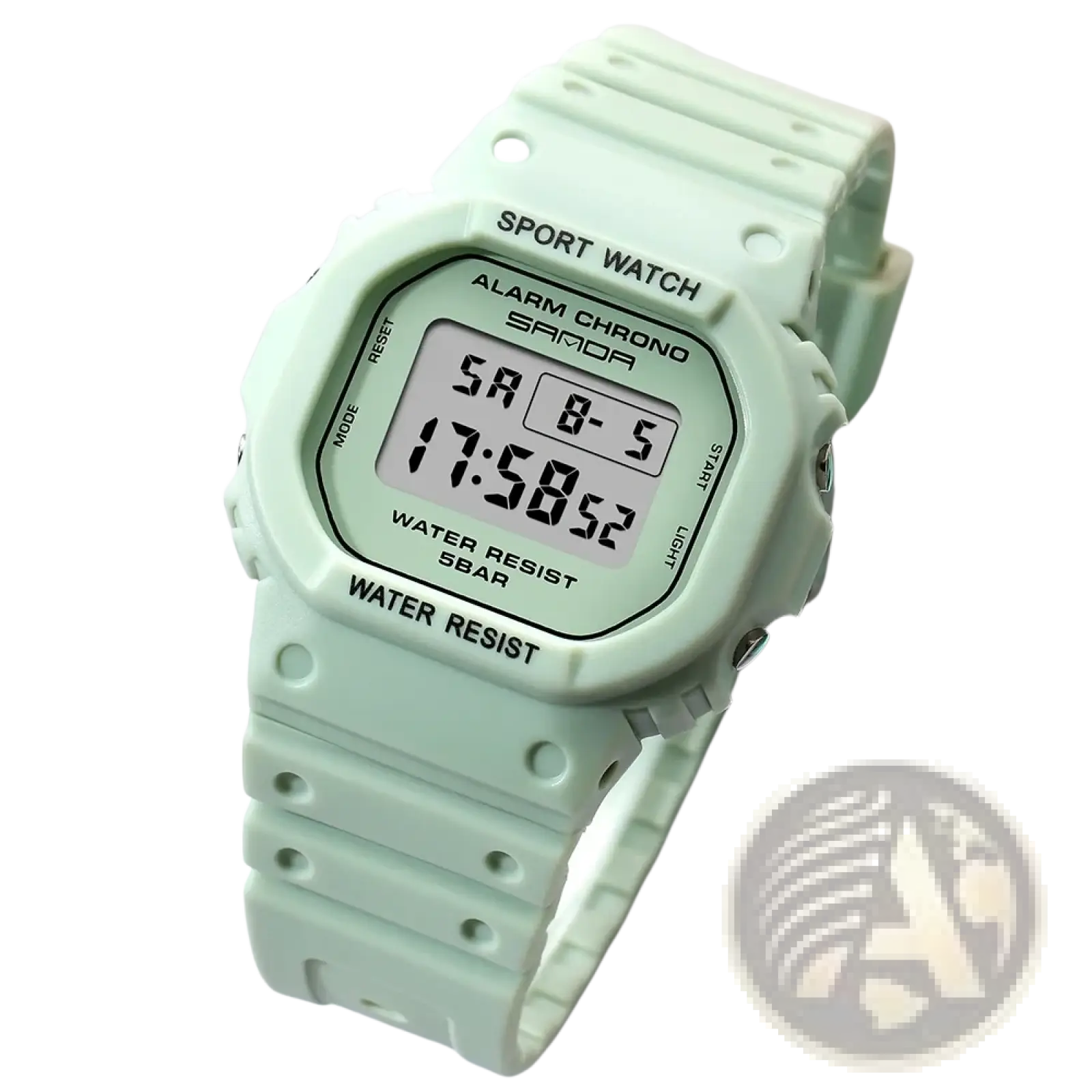 Mint green sanda digital sport watch with square case and silicone strap designed for waterproof performance