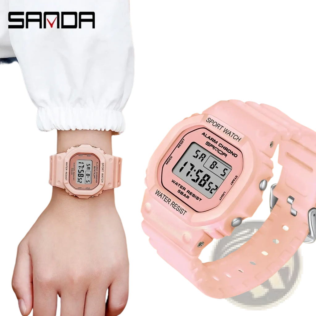 Pink sanda digital sport watch with waterproof led display and matching silicone strap with silver-tone buttons