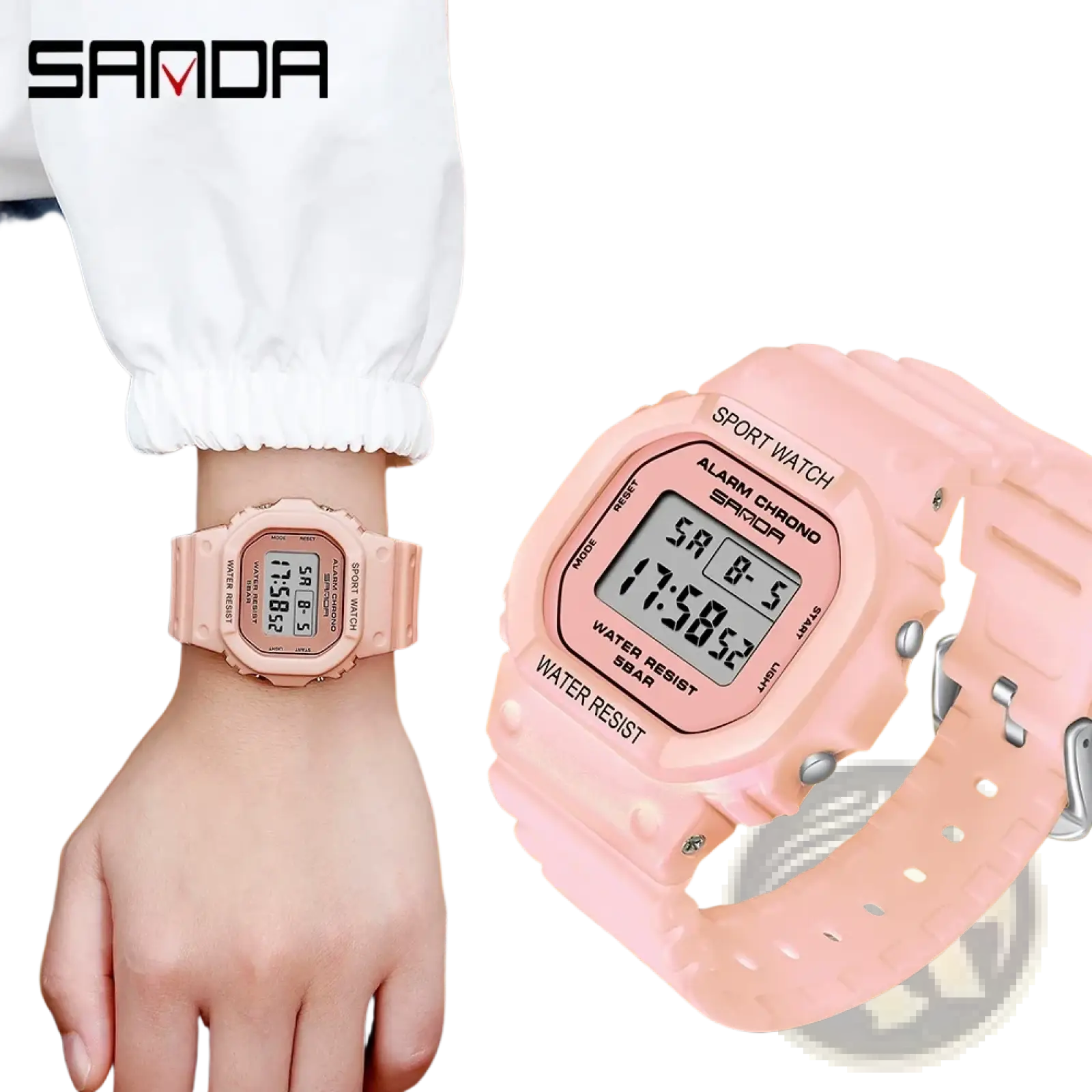 Pink sanda digital sport watch with waterproof led display and matching silicone strap with silver-tone buttons