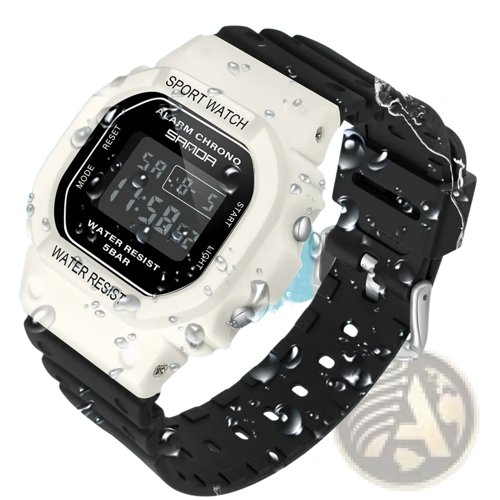Sanda digital sport watch in white and black with waterproof led display and silicone rubber strap