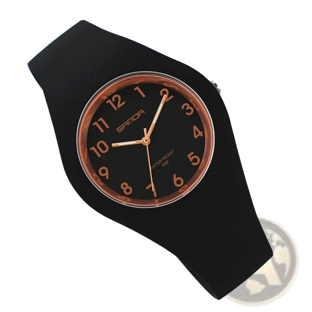 Sanda kids silicone quartz watch with black silicone strap black dial rose gold-tone numerals and matching bezel