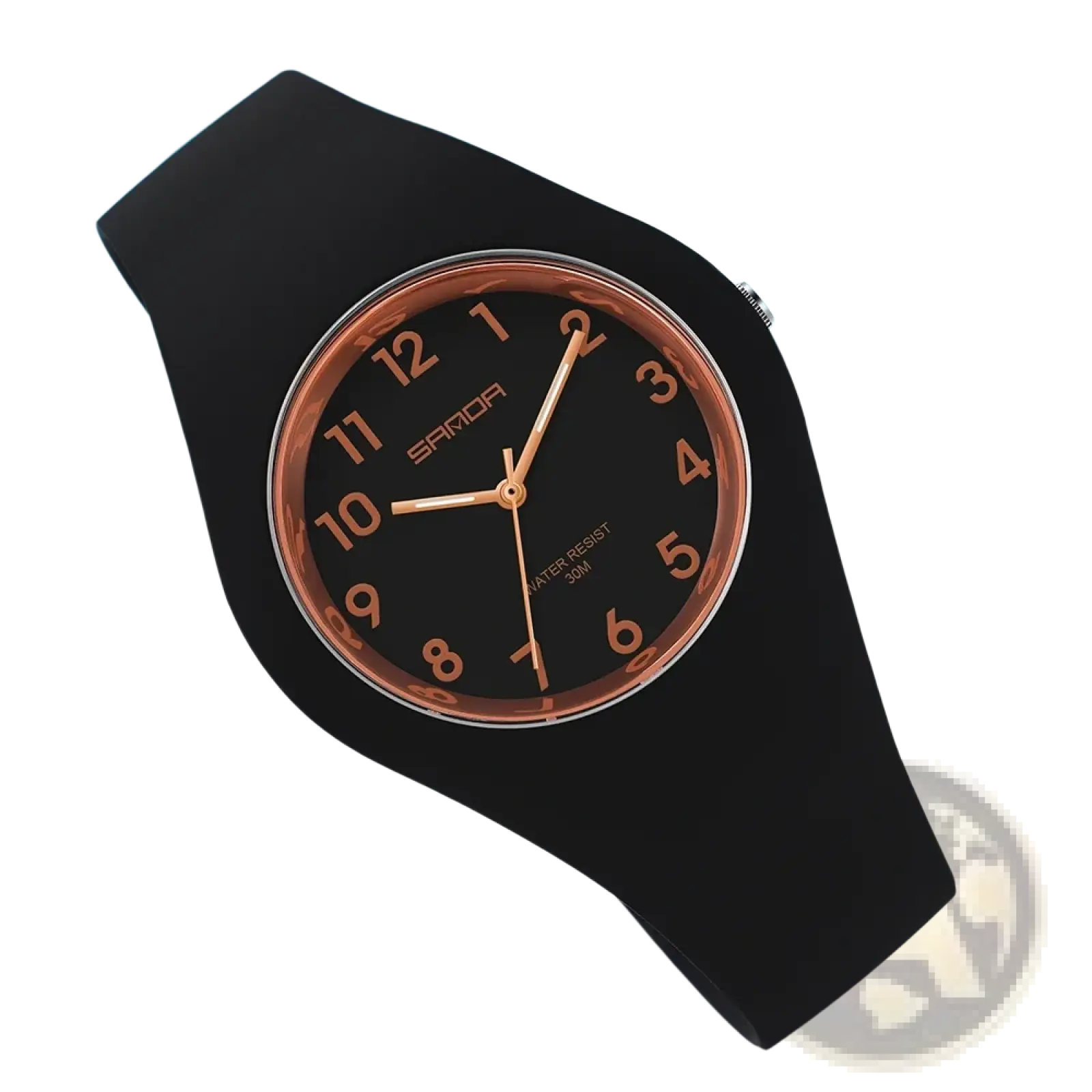 Sanda kids silicone quartz watch with black silicone strap black dial rose gold-tone numerals and matching bezel