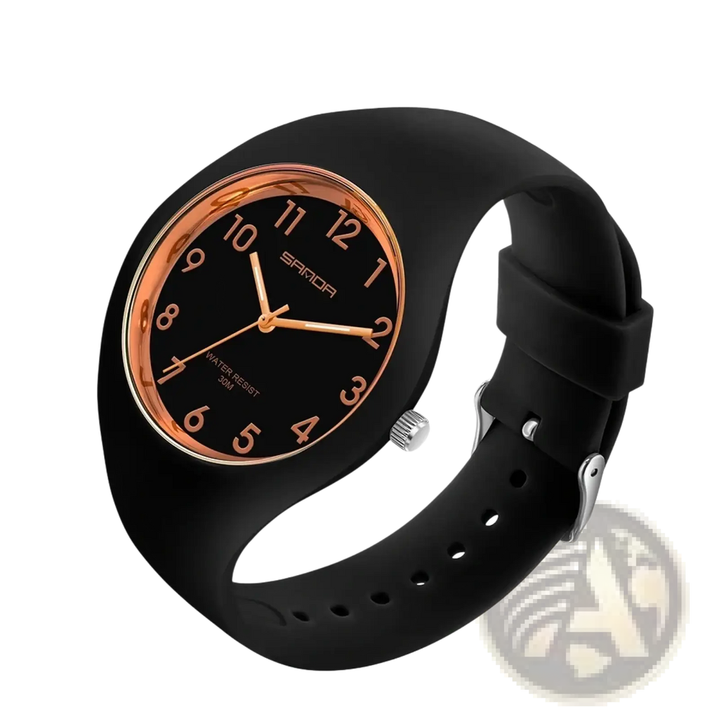 Sanda kids silicone quartz watch with black silicone strap rose gold-tone dial and numerals silver-toned crown buckle