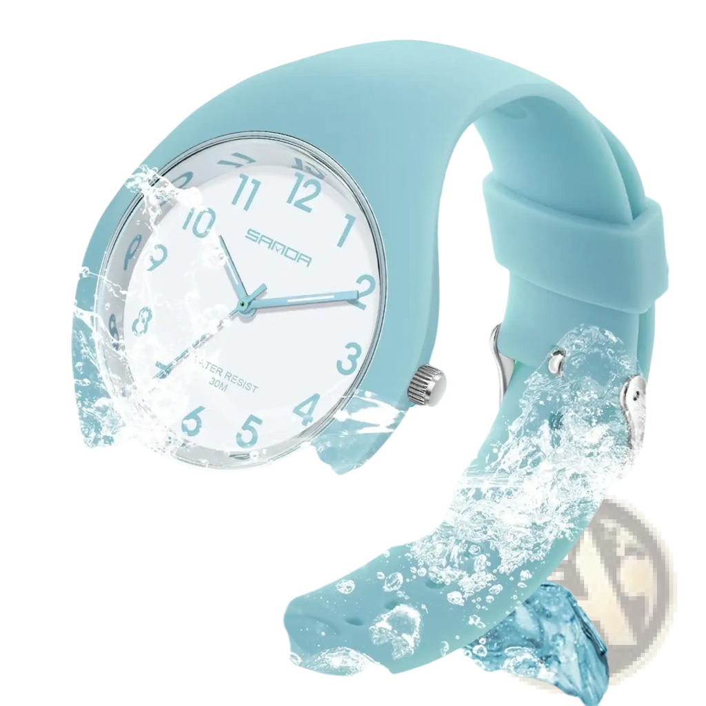 Sanda kids silicone quartz watch with light blue strap white face silver-tone hands and samoa brand logo