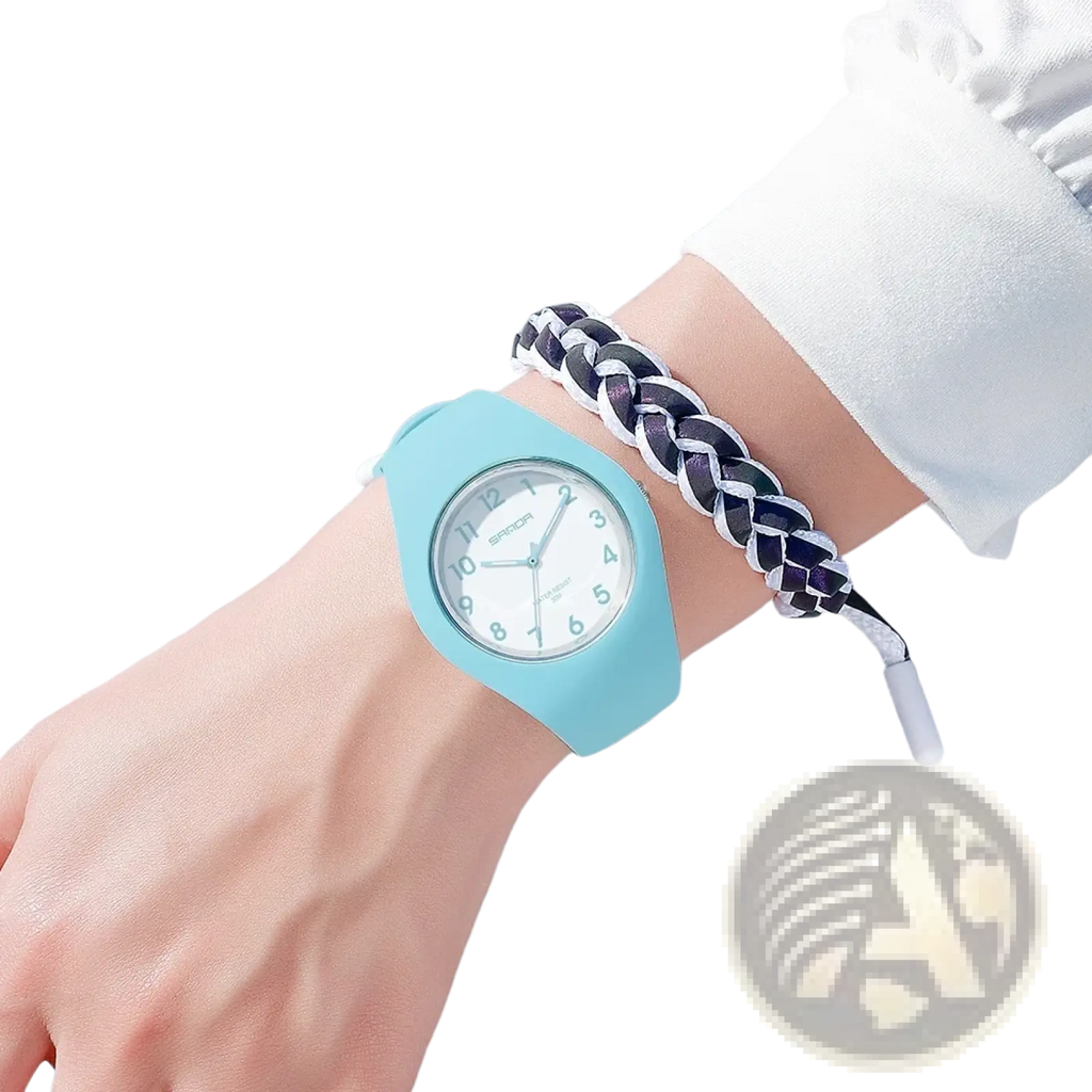 Light blue sanda kids silicone quartz watch with white face black numerals and samoa branding
