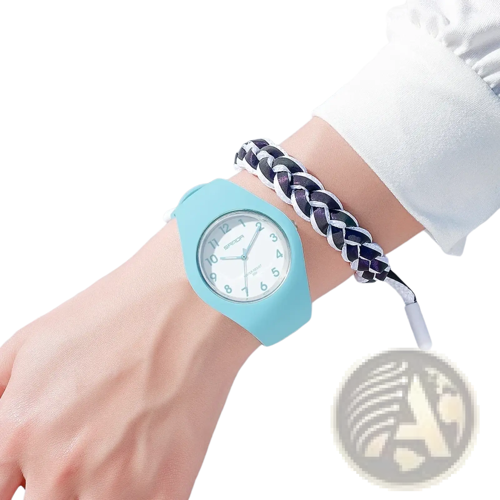 Light blue sanda kids silicone quartz watch with white face black numerals and samoa branding